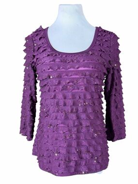 Slinky Brand Dark Purple 3/4 Sleeve Ruffle Textured Scoop Neck Tee - Size Small